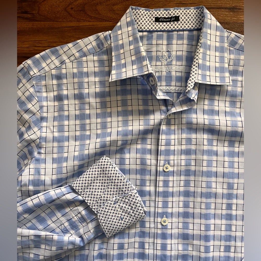 Bugatchi Men's Medium White&Blue Plaid Flip Cuff Long Sleeve Button Front Shirt
